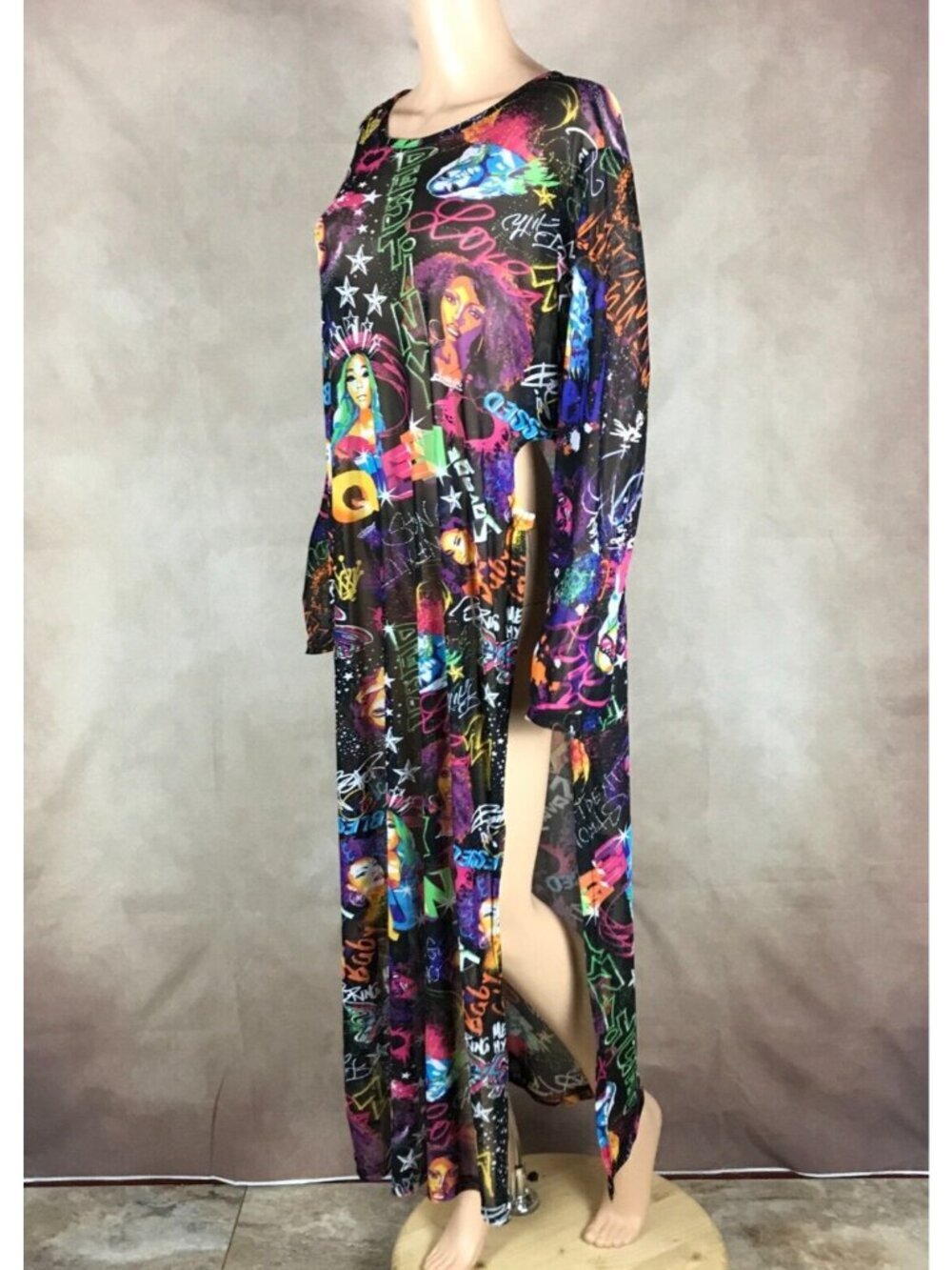 Graffiti Printed High Slit Sheer Mesh Maxi Dress